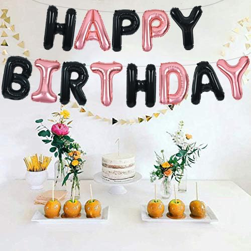 TONIFUL Black Rose Gold Happy Birthday Banner – 16-Inch Mylar Foil Letters | Reusable Party Decoration