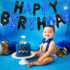 TONIFUL Happy Birthday Banner with Ribbon Straw – 16 Inch Mylar Letter Balloons, Reusable Black & Blue