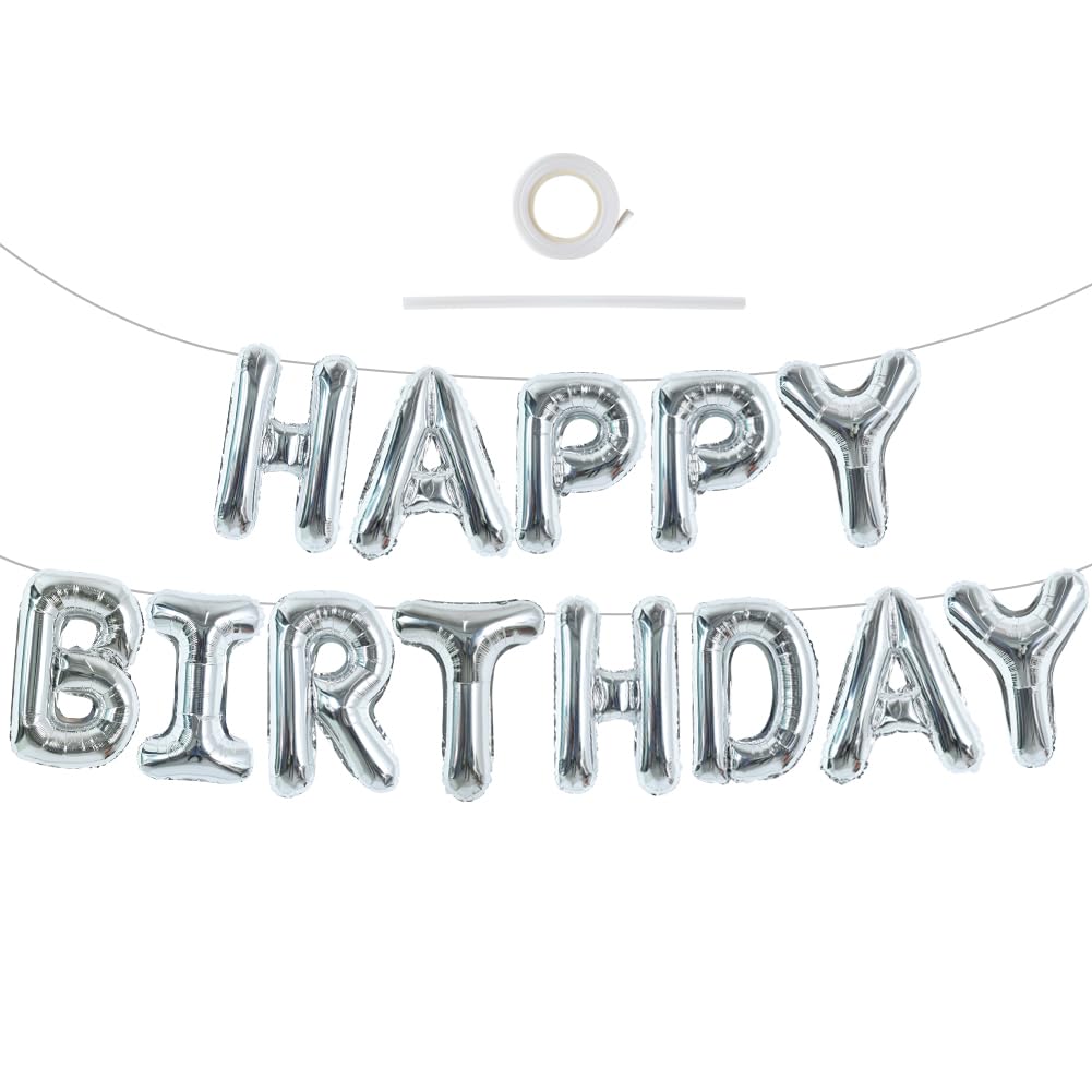 TONIFUL Laser Silver Happy Birthday Banner - 16in Mylar Foil Letters, Reusable Birthday Decor