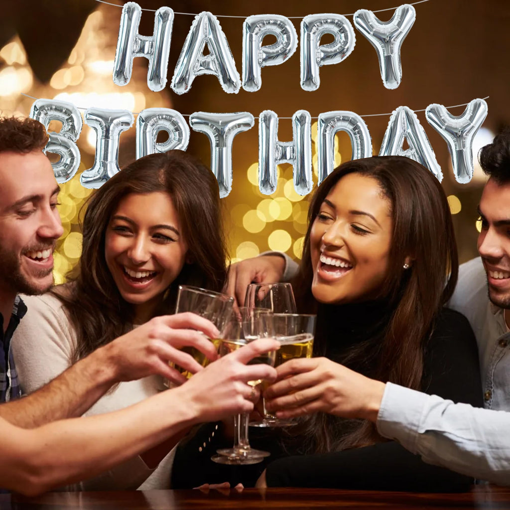 TONIFUL Laser Silver Happy Birthday Banner - 16in Mylar Foil Letters, Reusable Birthday Decor