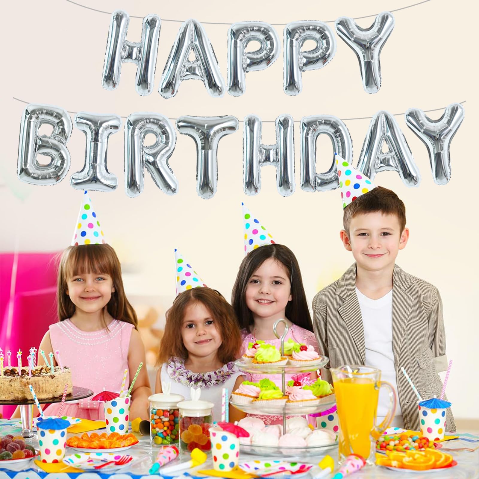 TONIFUL Laser Silver Happy Birthday Banner - 16in Mylar Foil Letters, Reusable Birthday Decor