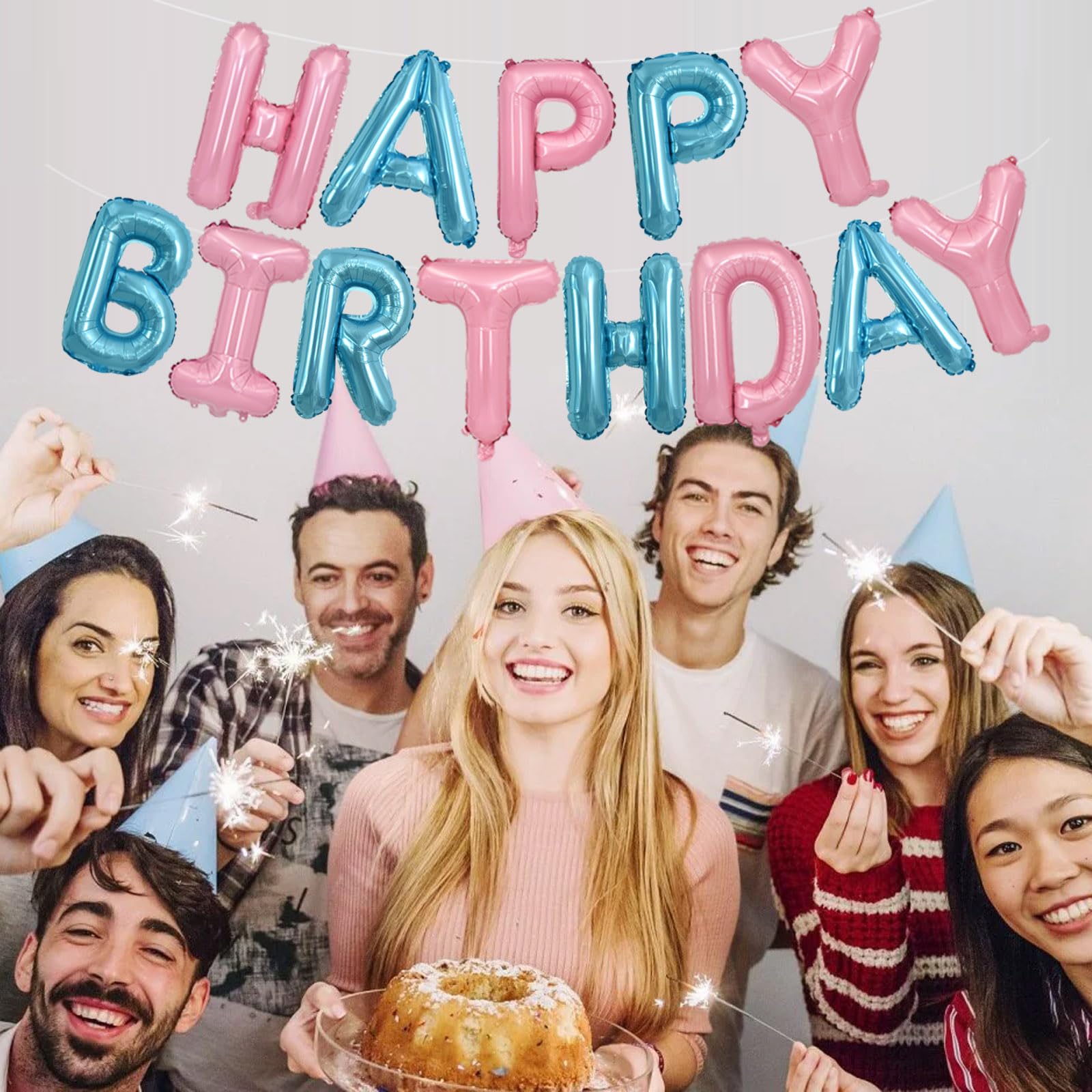 TONIFUL Happy Birthday Balloons Banner – 16-Inch Foil Letter Balloons, Reusable Party Decor (Light Pink & Blue)