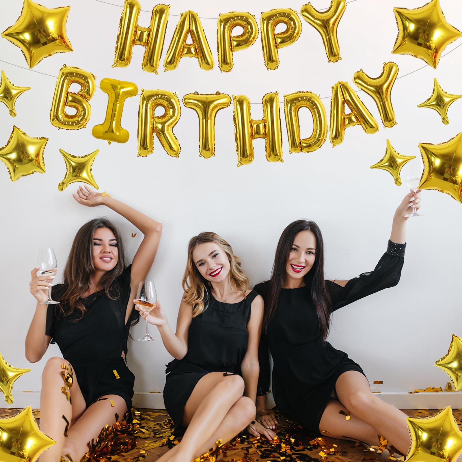 TONIFUL Gold 35PCS Happy Birthday Decorations Kit — 16-Inch Letter Banner + Star Balloons