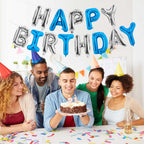 TONIFUL Happy Birthday Balloons Banner - 16 Inch Navy Blue & Silver Mylar Foil Letters | Reusable Party Decor