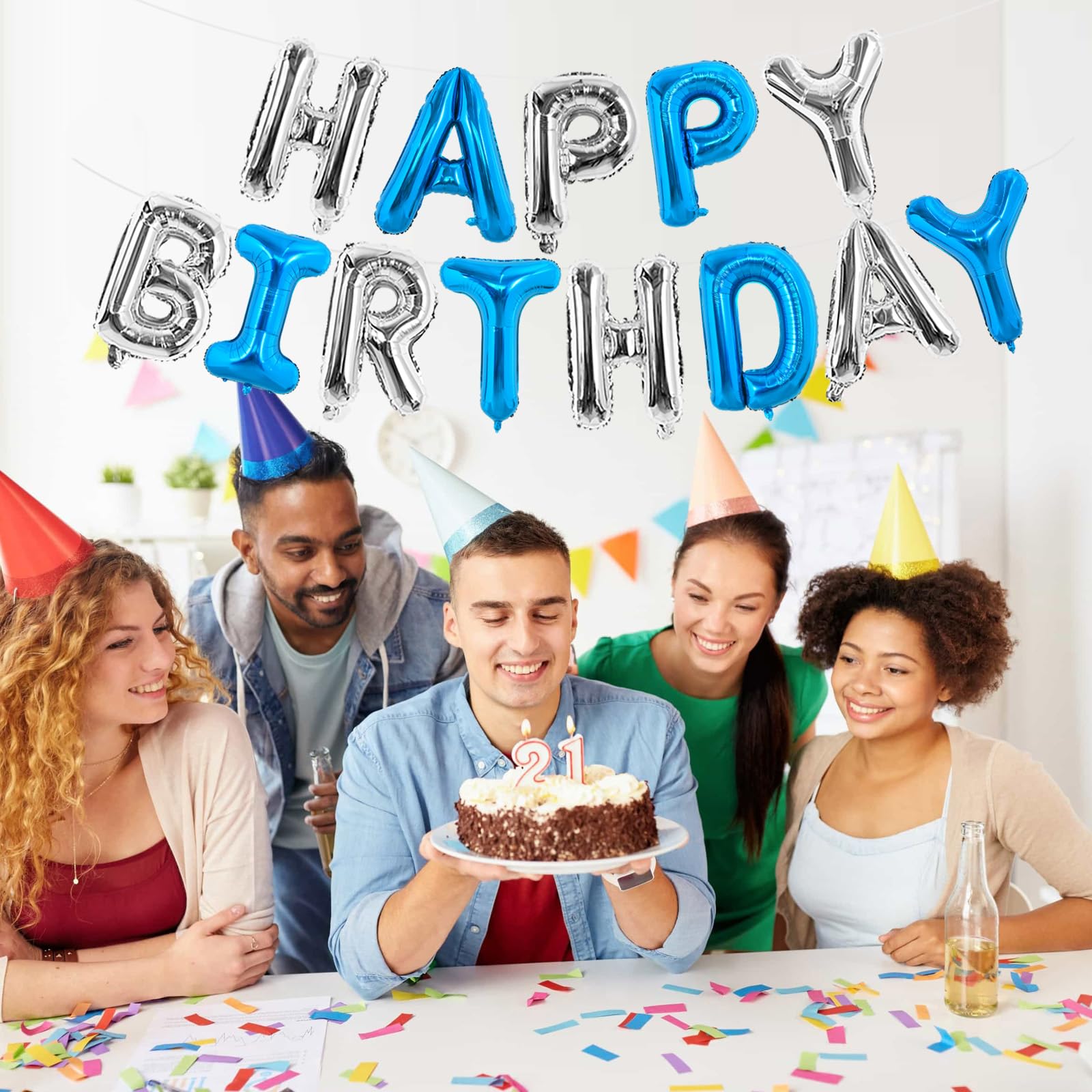 TONIFUL Happy Birthday Balloons Banner - 16 Inch Navy Blue & Silver Mylar Foil Letters | Reusable Party Decor