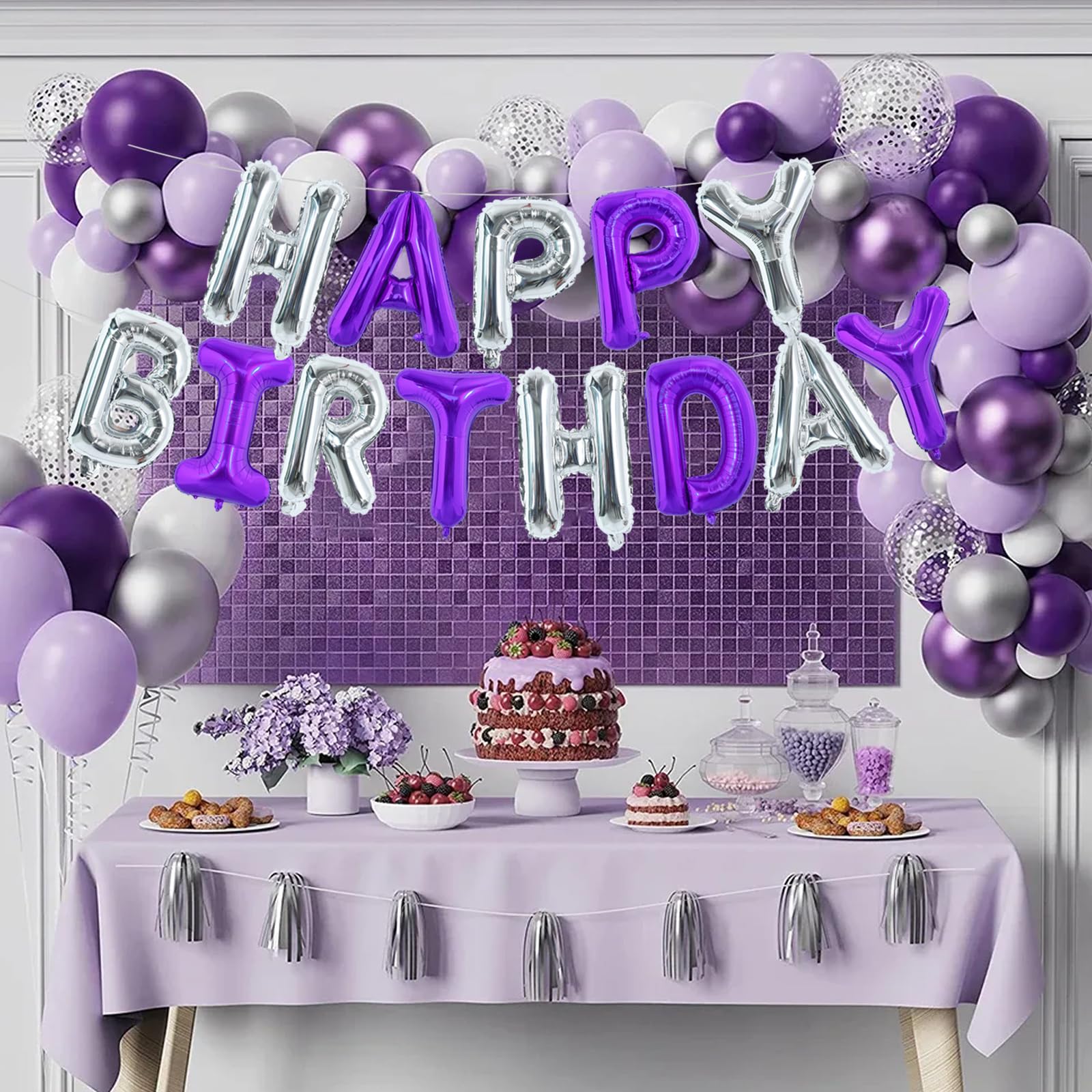 TONIFUL Happy Birthday Foil Letter Balloons – 16in Purple Silver Banner with Ribbon & Straw