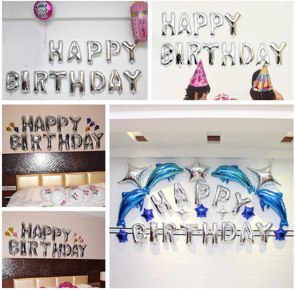 TONIFUL Silver Happy Birthday Banner - 16-Inch Foil Letter Balloons, Reusable Party Decor