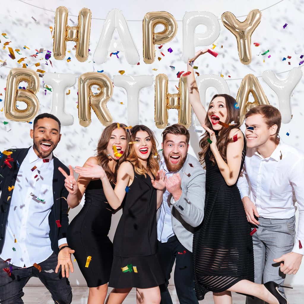 TONIFUL Happy Birthday Balloons Banner - 16-Inch Foil Letters in Champagne Gold & White | Reusable Party Decor