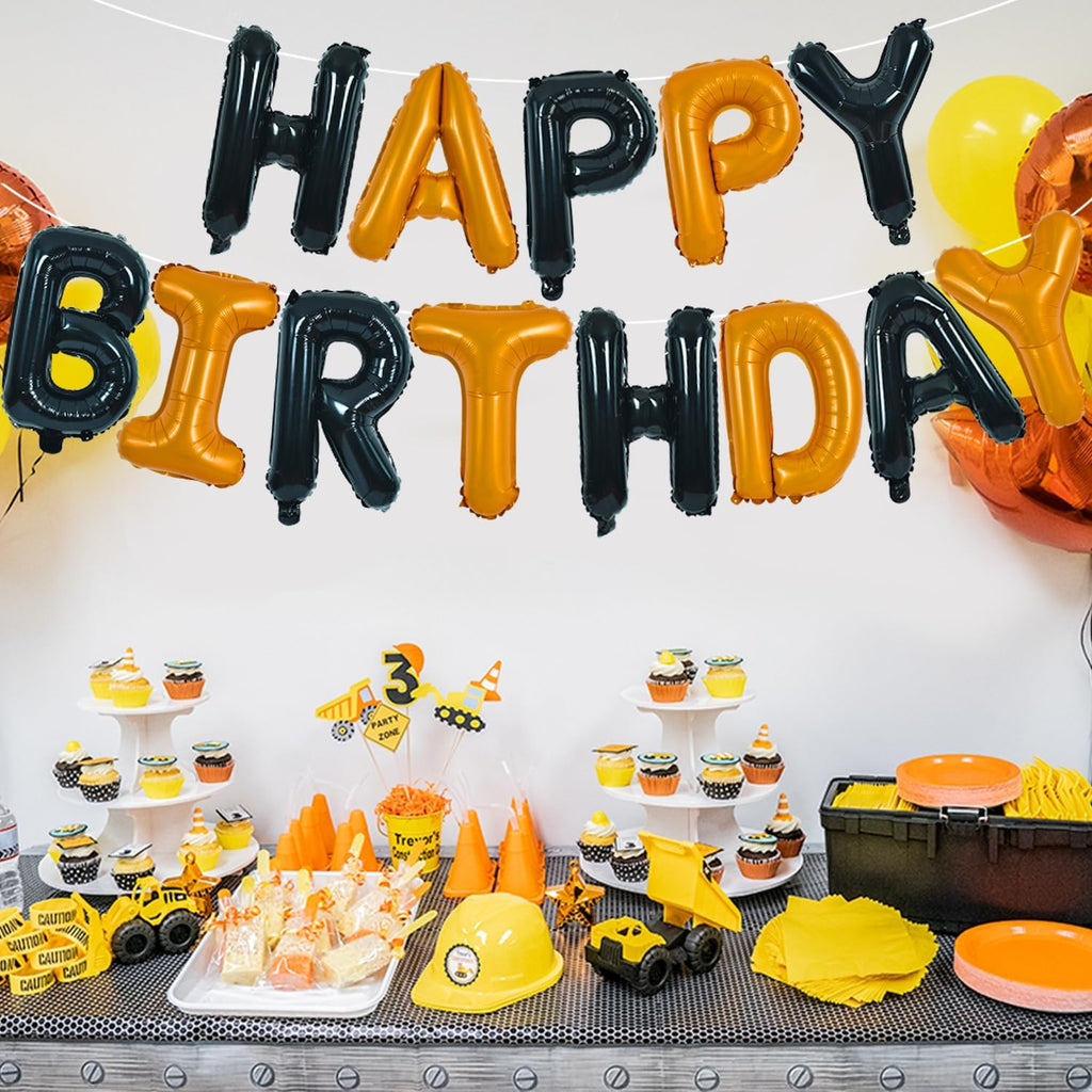 TONIFUL 16-Inch Black & Orange Happy Birthday Foil Letter Balloons Banner – Auto-Seal Mylar Letters for Parties