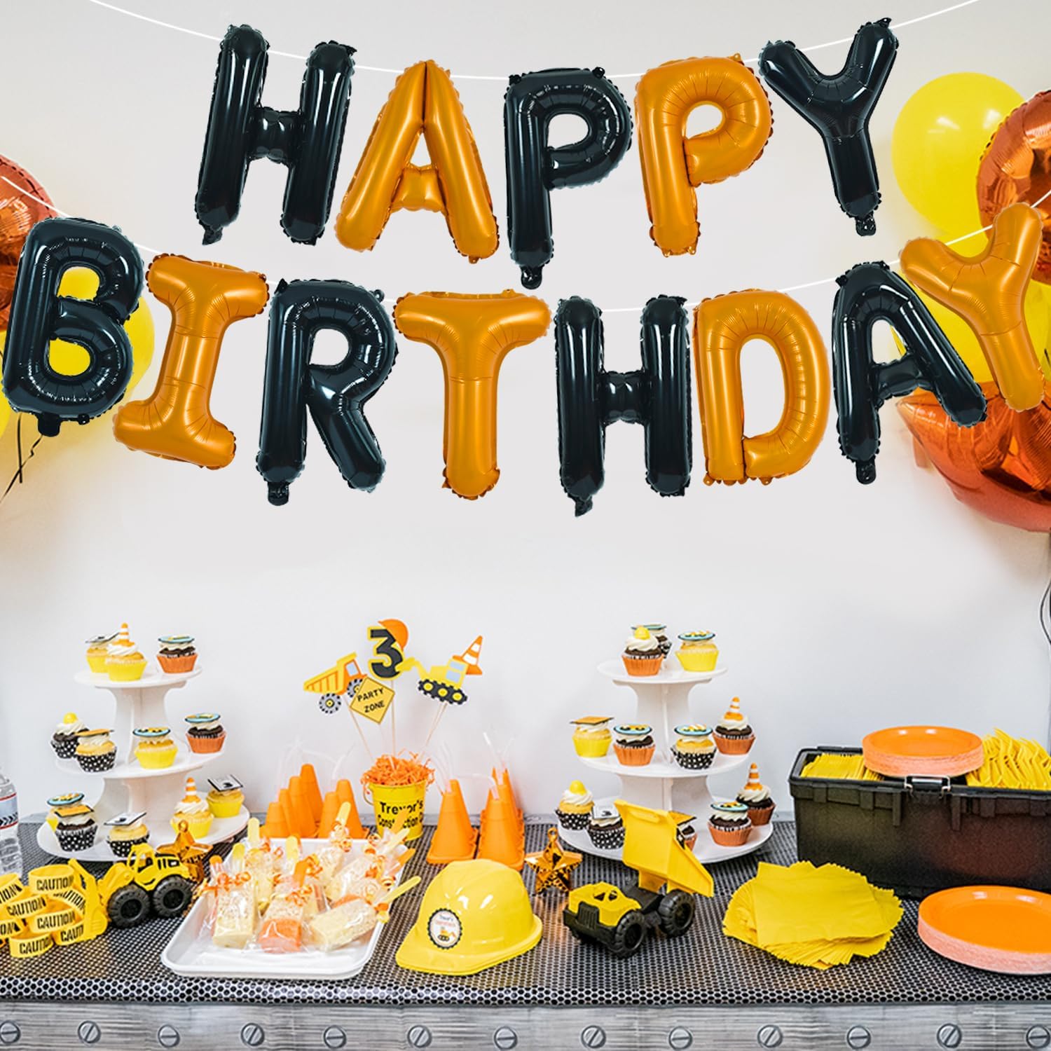 TONIFUL 16-Inch Black & Orange Happy Birthday Foil Letter Balloons Banner – Auto-Seal Mylar Letters for Parties