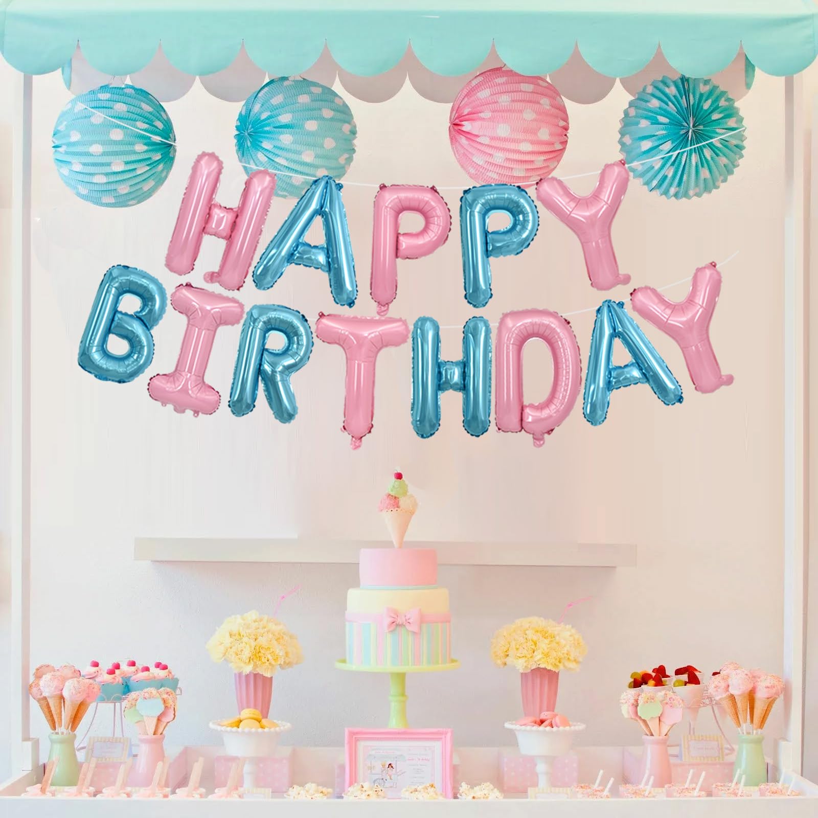 TONIFUL Happy Birthday Balloons Banner – 16-Inch Foil Letter Balloons, Reusable Party Decor (Light Pink & Blue)