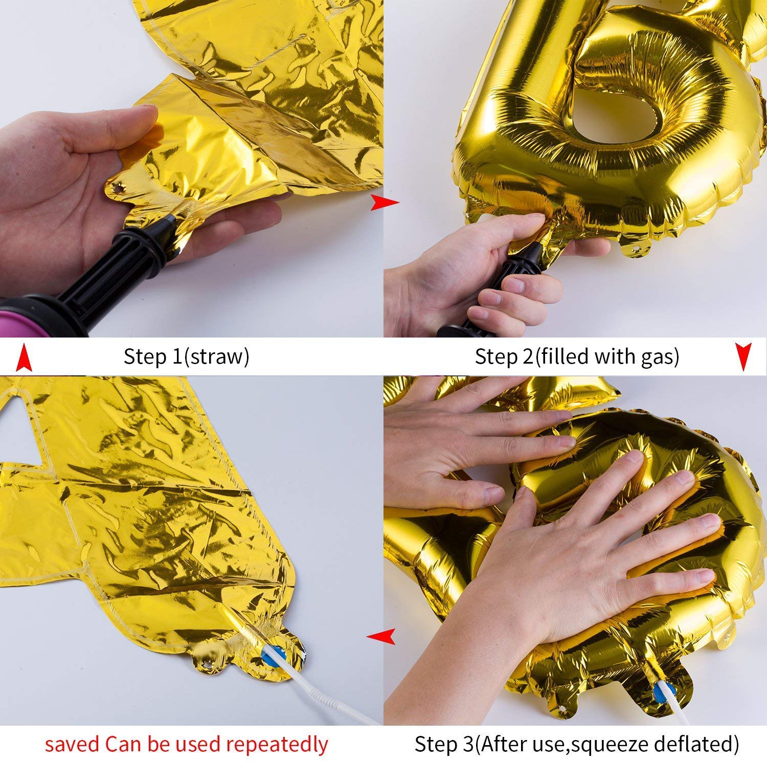 TONIFUL 3D Gold Happy Birthday Balloons Banner — 16" Foil Letter Banner with Ribbon & Straw