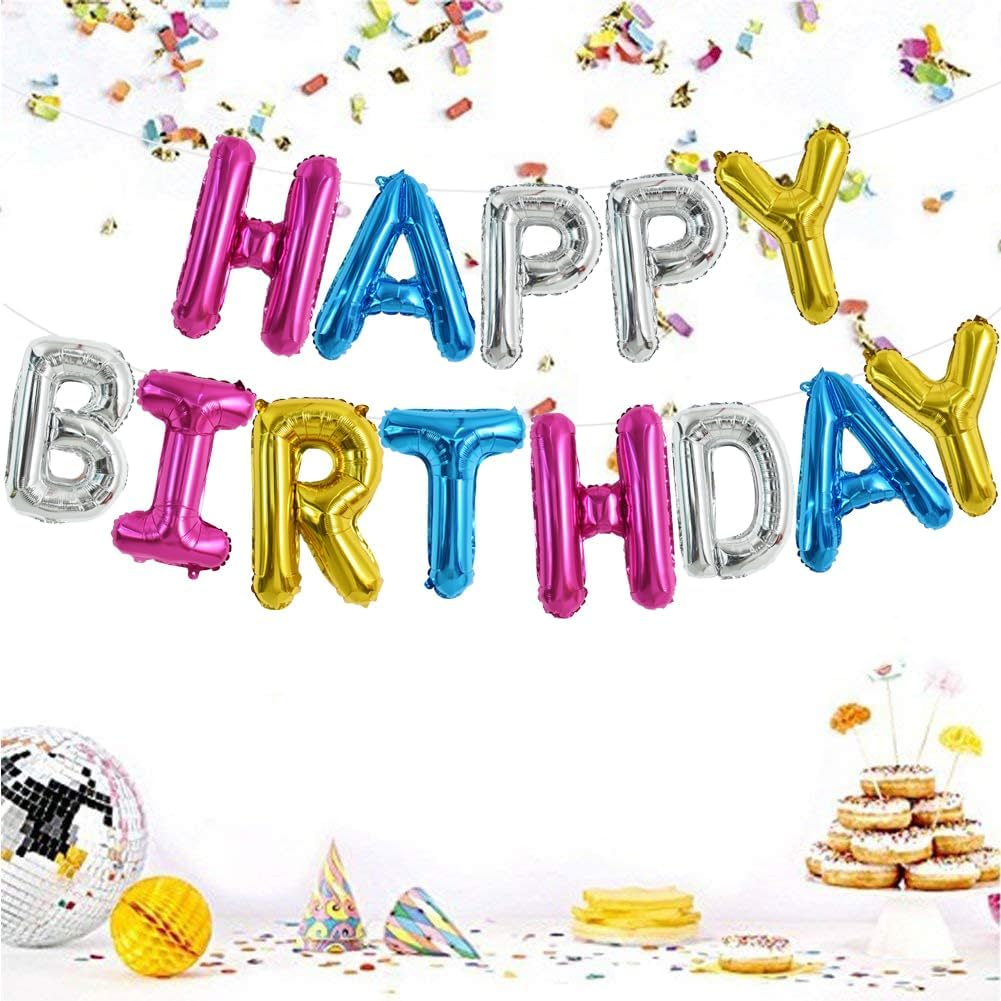 TONIFUL 16-Inch 4-Color Mylar Foil Happy Birthday Banner Letters – 15pc Party Decor