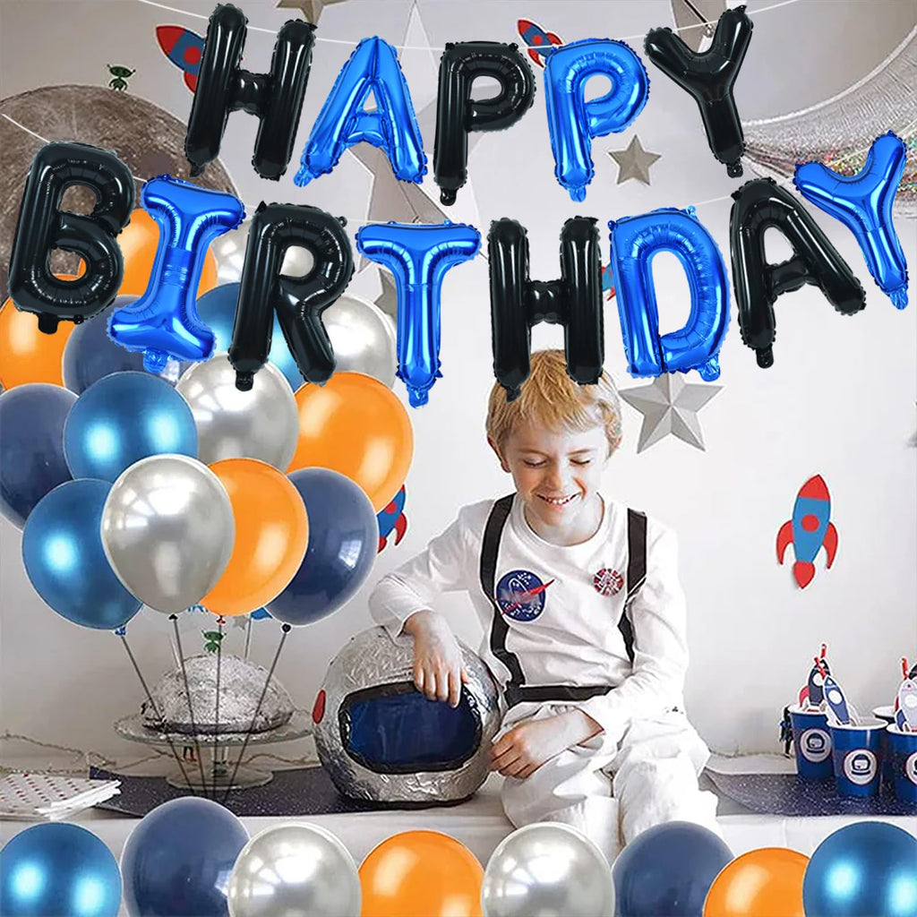 TONIFUL Happy Birthday Banner with Ribbon Straw – 16 Inch Mylar Letter Balloons, Reusable Black & Blue