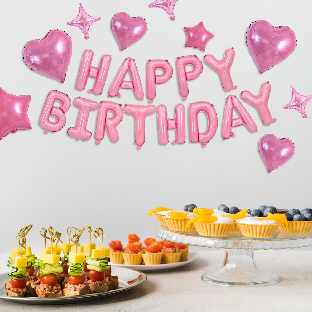 TONIFUL 35PCS Light Pink Happy Birthday Decorations – 16-Inch Foil Letter Banner + Star Balloons