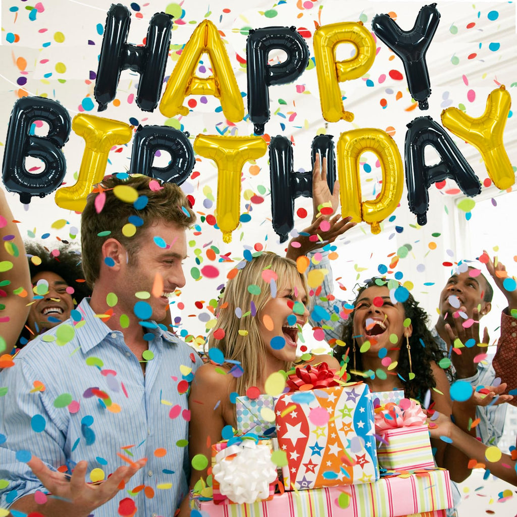 TONIFUL Happy Birthday Balloons Banner - 16 Inch Mylar Letters with Ribbon and Straw, Reusable Black Gold Birthday Decor