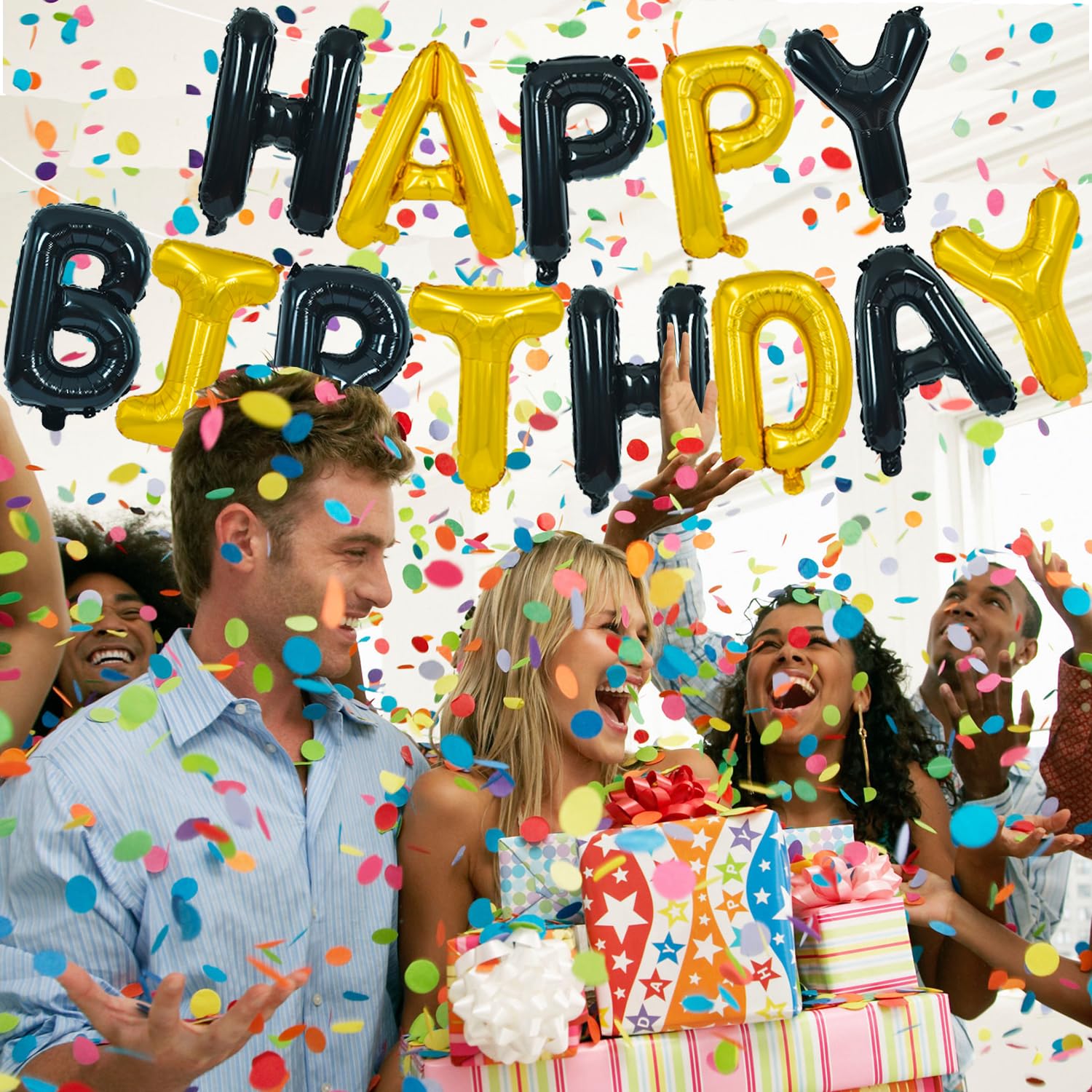 TONIFUL Happy Birthday Balloons Banner - 16 Inch Mylar Letters with Ribbon and Straw, Reusable Black Gold Birthday Decor