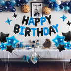 TONIFUL 35PCS Black Blue Happy Birthday Decorations Kit – 16in Foil Letter Banners & Star Balloons