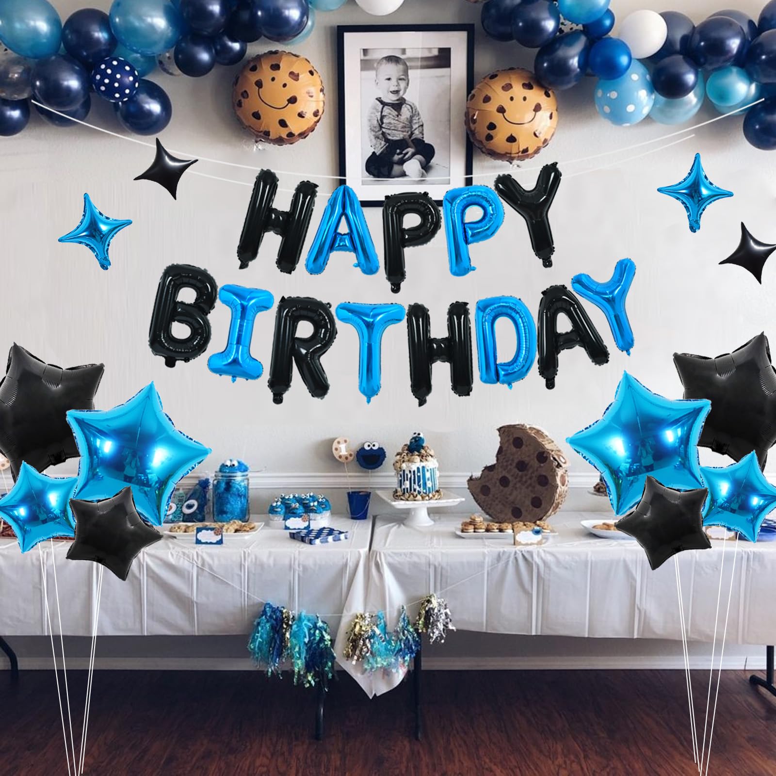 TONIFUL 35PCS Black Blue Happy Birthday Decorations Kit – 16in Foil Letter Banners & Star Balloons