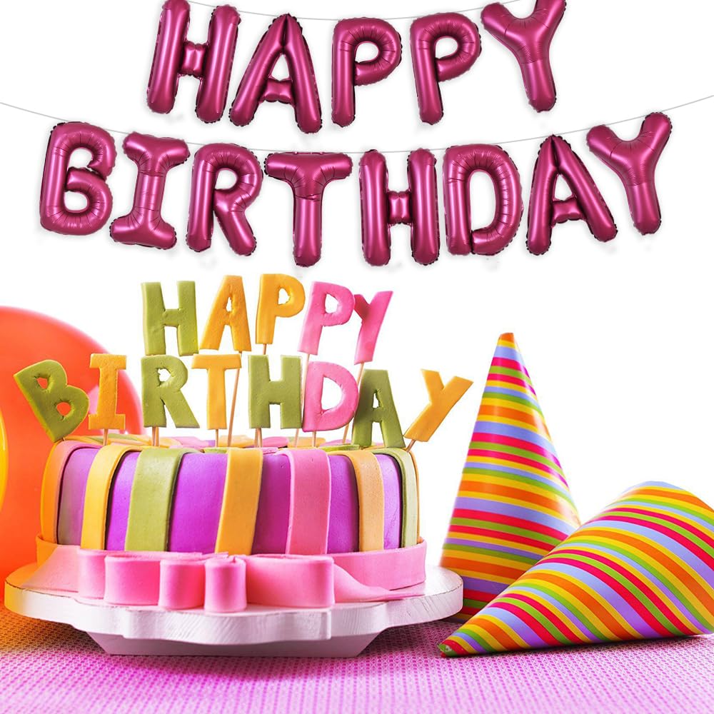 TONIFUL Happy Birthday Balloons Banner with Ribbon Straw - 16 Inch Mylar Letters, Reusable Party Decor (Wine Red)