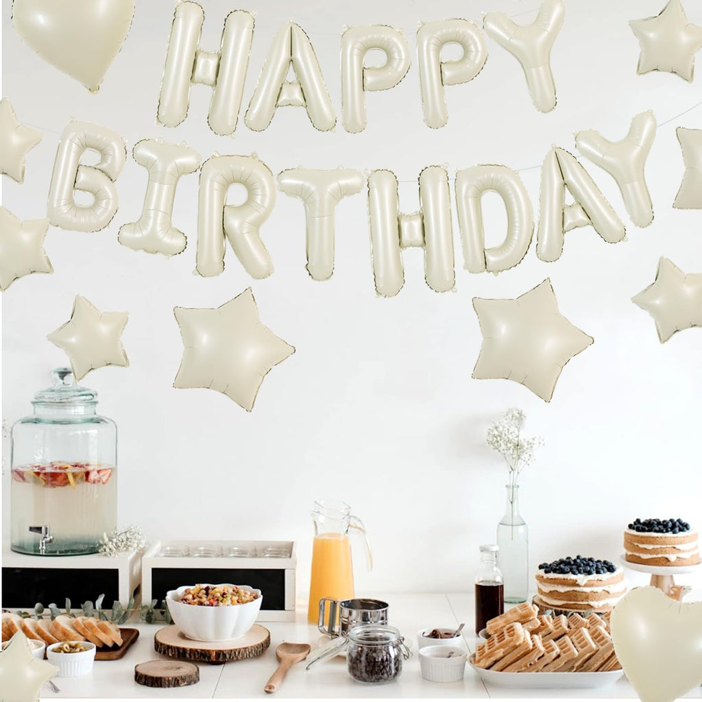 TONIFUL 31PCS Cream White Happy Birthday Decorations – 16in Letter Banner, Star & Heart Foil Balloons