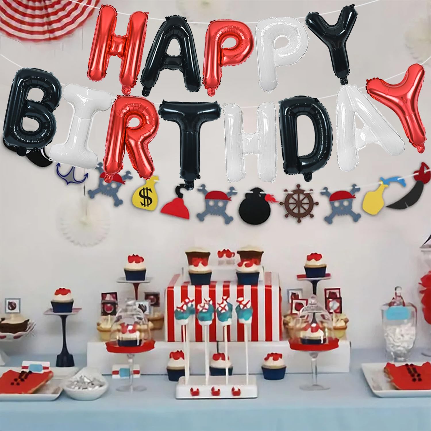 TONIFUL Happy Birthday Balloons Banner with Ribbon Straw – 16-Inch Foil Letter Bunting (Red, Black & White)