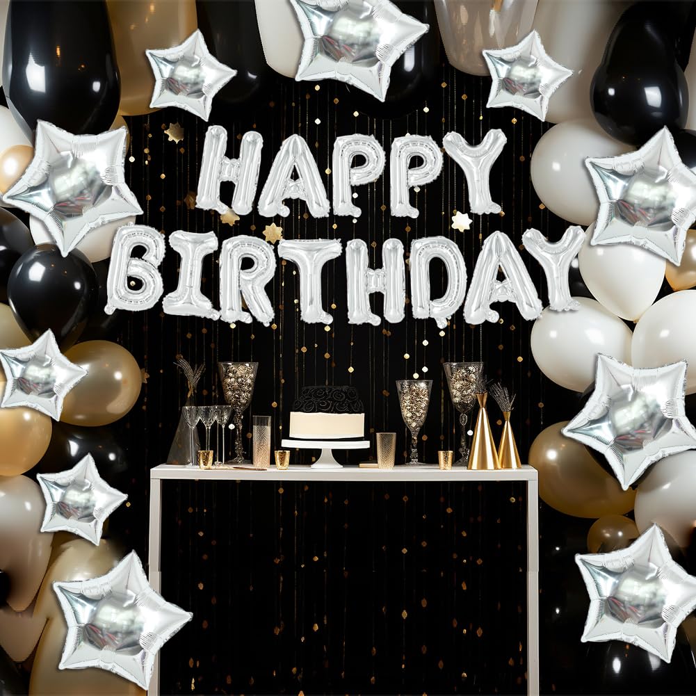 TONIFUL 35PCS Silver Happy Birthday Decorations — 16-Inch Banner + Star Balloons