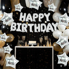 TONIFUL 35PCS Silver Happy Birthday Decorations — 16-Inch Banner + Star Balloons