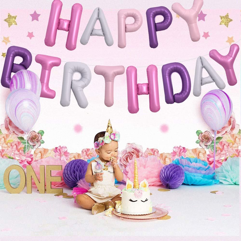 TONIFUL Happy Birthday Balloons Banner — 16-Inch Foil Letter Balloons with Straw & Ribbon (Pink Purple)