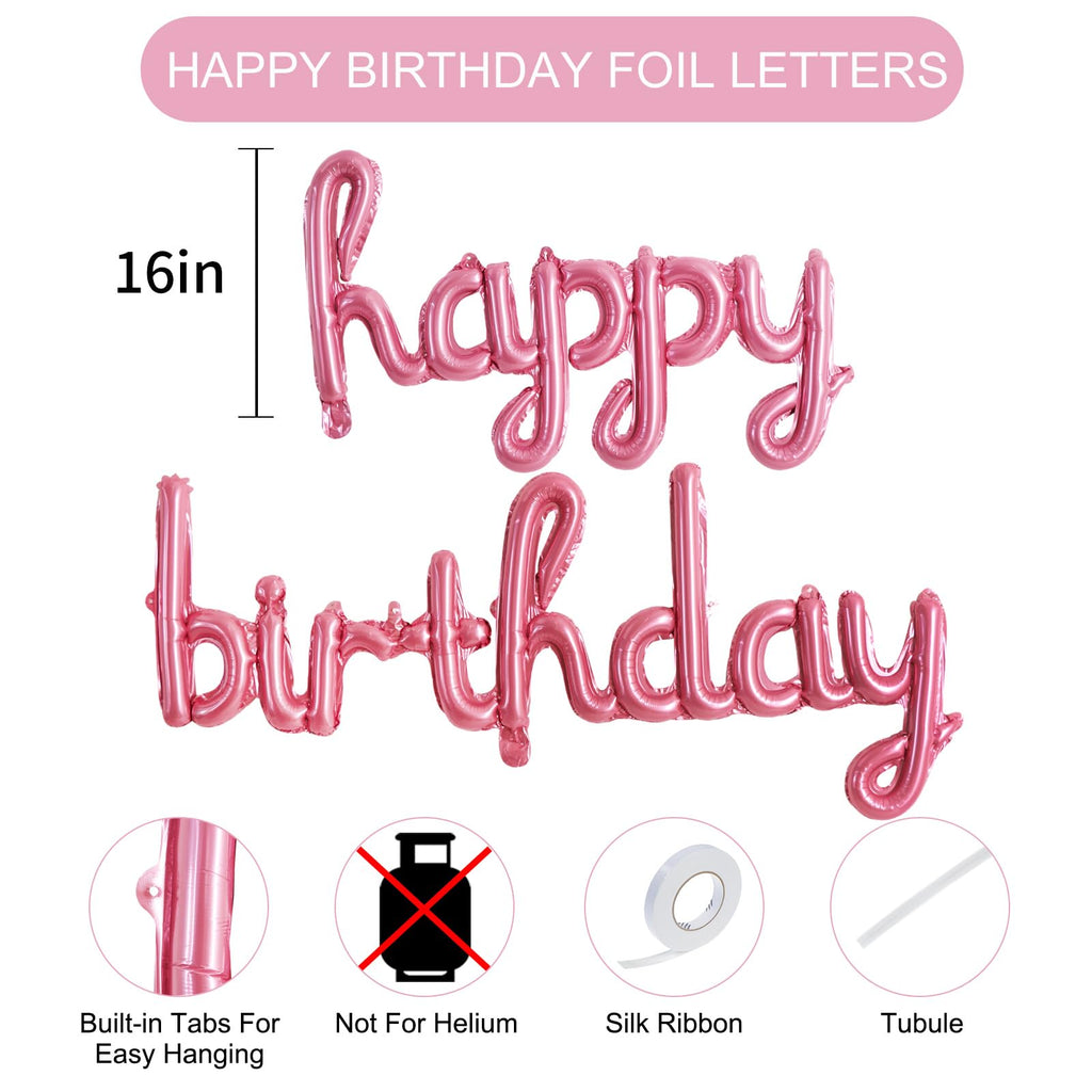 TONIFUL Pink Happy Birthday Balloons – 16-Inch Foil Script Banner, Reusable Party Decor
