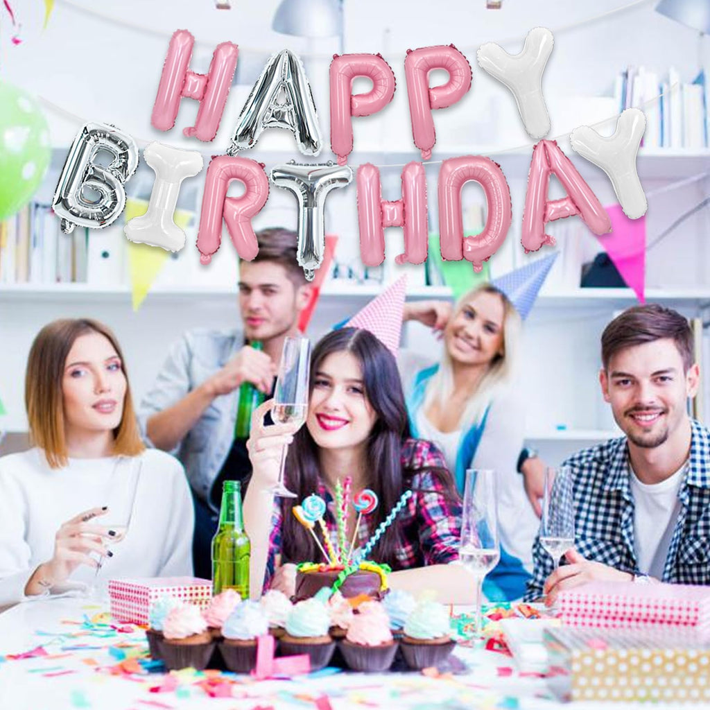 TONIFUL Happy Birthday Balloons Banner - 16-Inch Mylar Foil Letters, Reusable Birthday Party Decor (Pink/Silver/White)