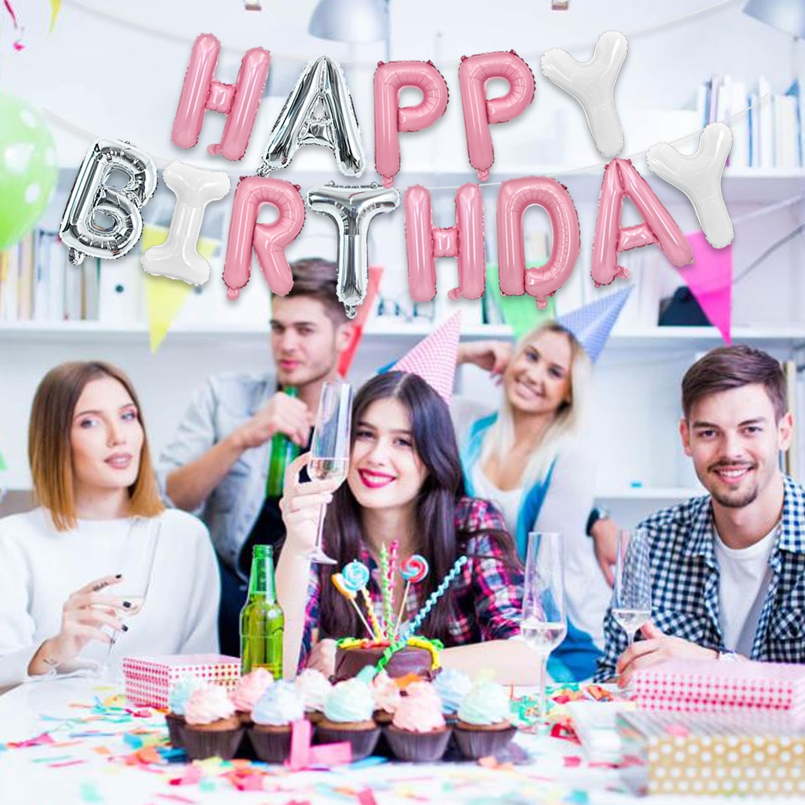 TONIFUL Happy Birthday Balloons Banner - 16-Inch Mylar Foil Letters, Reusable Birthday Party Decor (Pink/Silver/White)