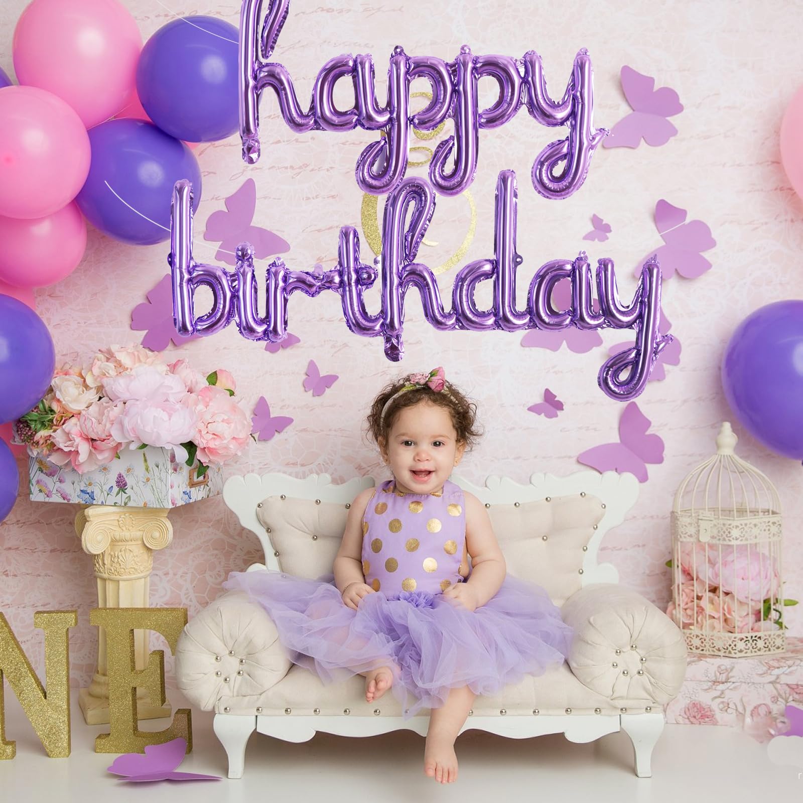 TONIFUL Purple Happy Birthday Balloons — 16-Inch Mylar Foil Script Banner, Reusable Party Decor