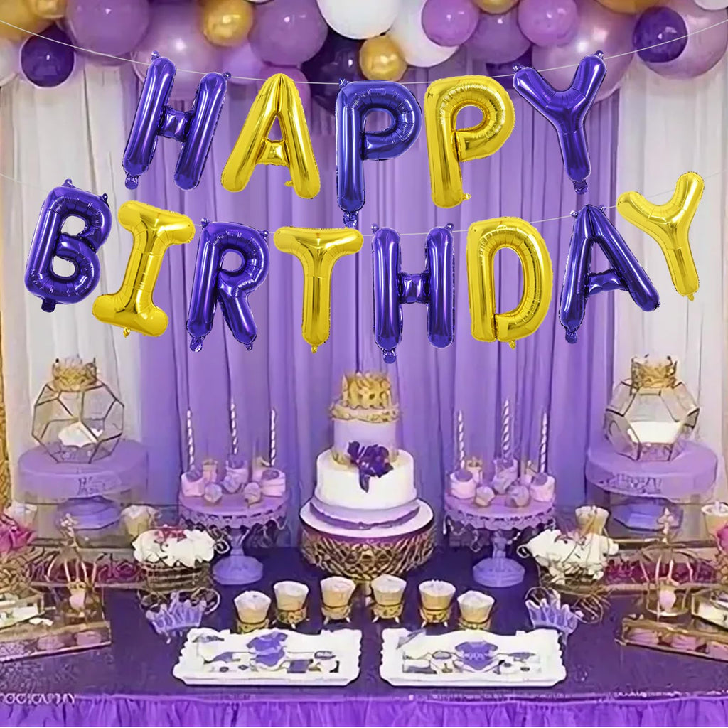 TONIFUL Happy Birthday Balloons with Ribbon Straw – 16-Inch Purple Gold Mylar Letter Banner