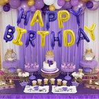 TONIFUL Happy Birthday Balloons with Ribbon Straw – 16-Inch Purple Gold Mylar Letter Banner