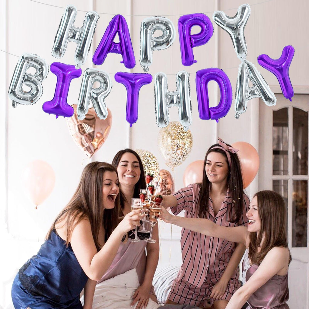 TONIFUL Happy Birthday Foil Letter Balloons – 16in Purple Silver Banner with Ribbon & Straw