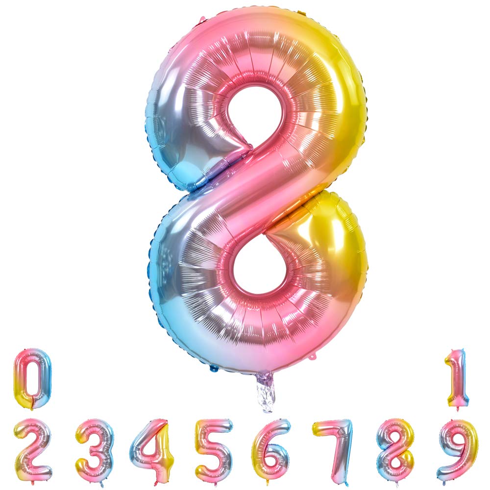 TONIFUL 40-Inch Rainbow Number Balloons (0-9) – Digital 8, Foil Mylar Big Numeral Balloons for Birthday & Anniversary