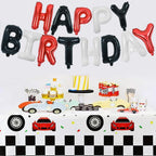 TONIFUL Happy Birthday Balloons Banner with Ribbon Straw – 16-Inch Foil Letter Bunting (Red, Black & White)
