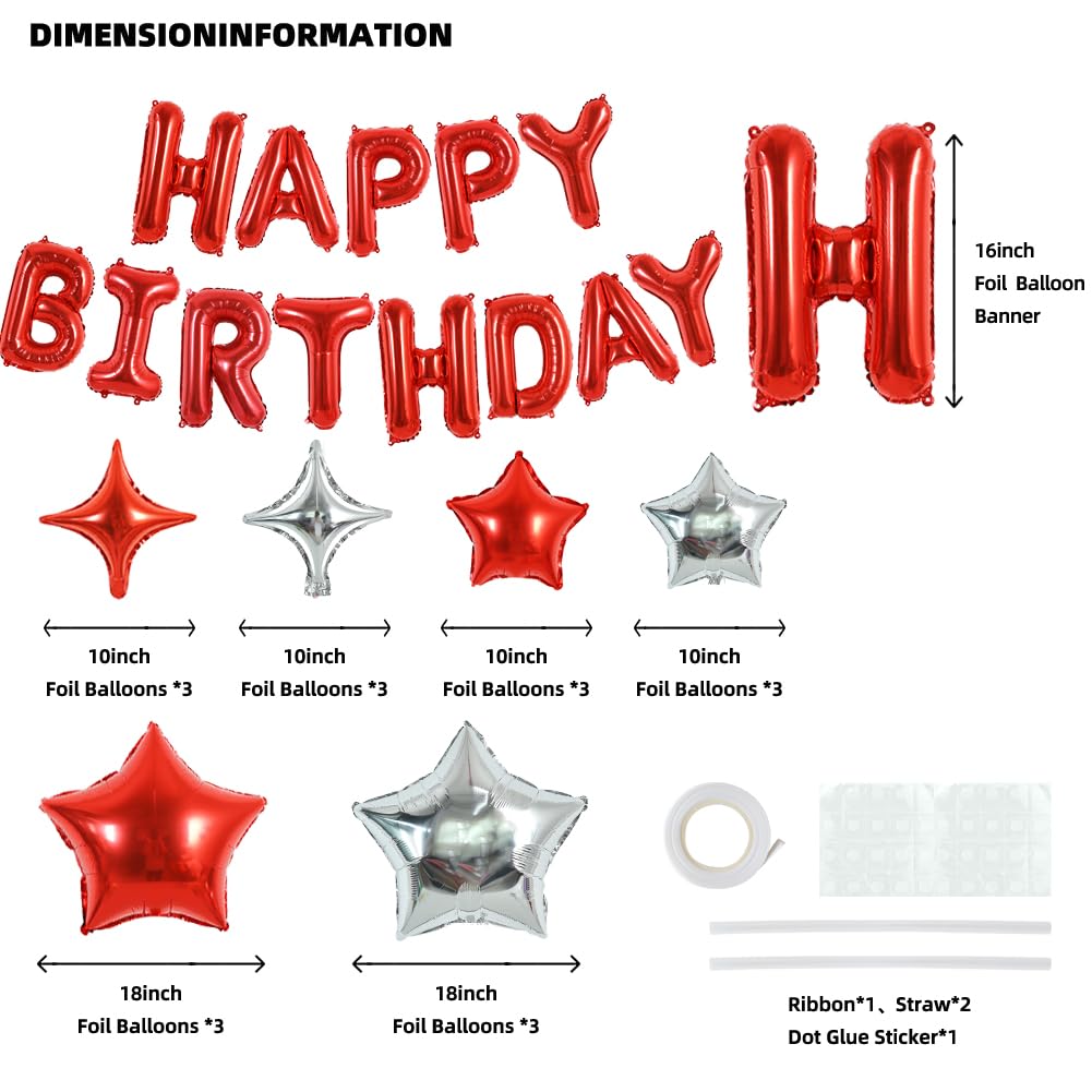 TONIFUL 35PCS Red Happy Birthday Decorations Kit — 16-Inch Balloon Banner + Star Balloons