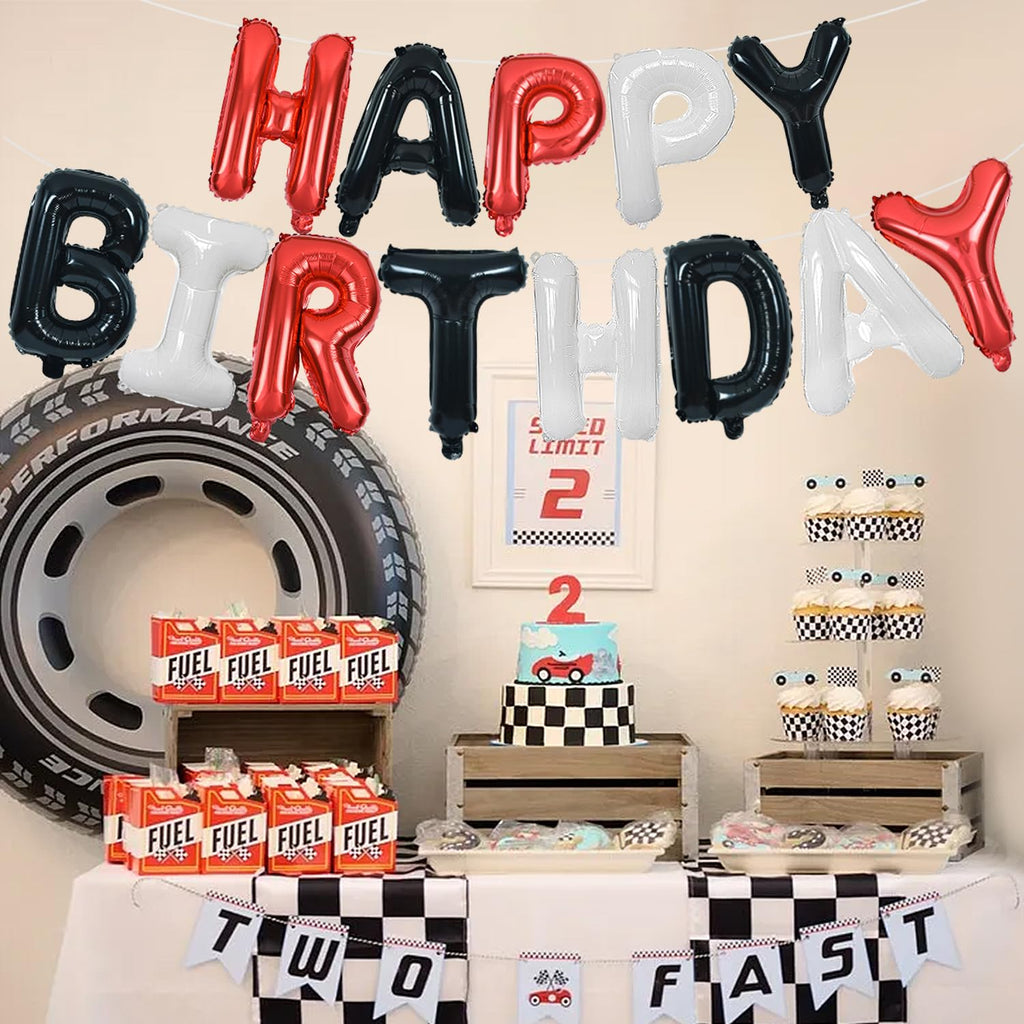 TONIFUL Happy Birthday Balloons Banner with Ribbon Straw – 16-Inch Foil Letter Bunting (Red, Black & White)