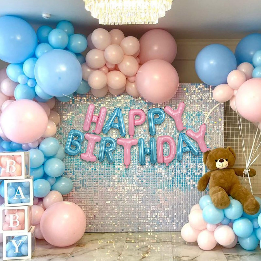 TONIFUL Happy Birthday Balloons Banner – 16-Inch Foil Letter Balloons, Reusable Party Decor (Light Pink & Blue)