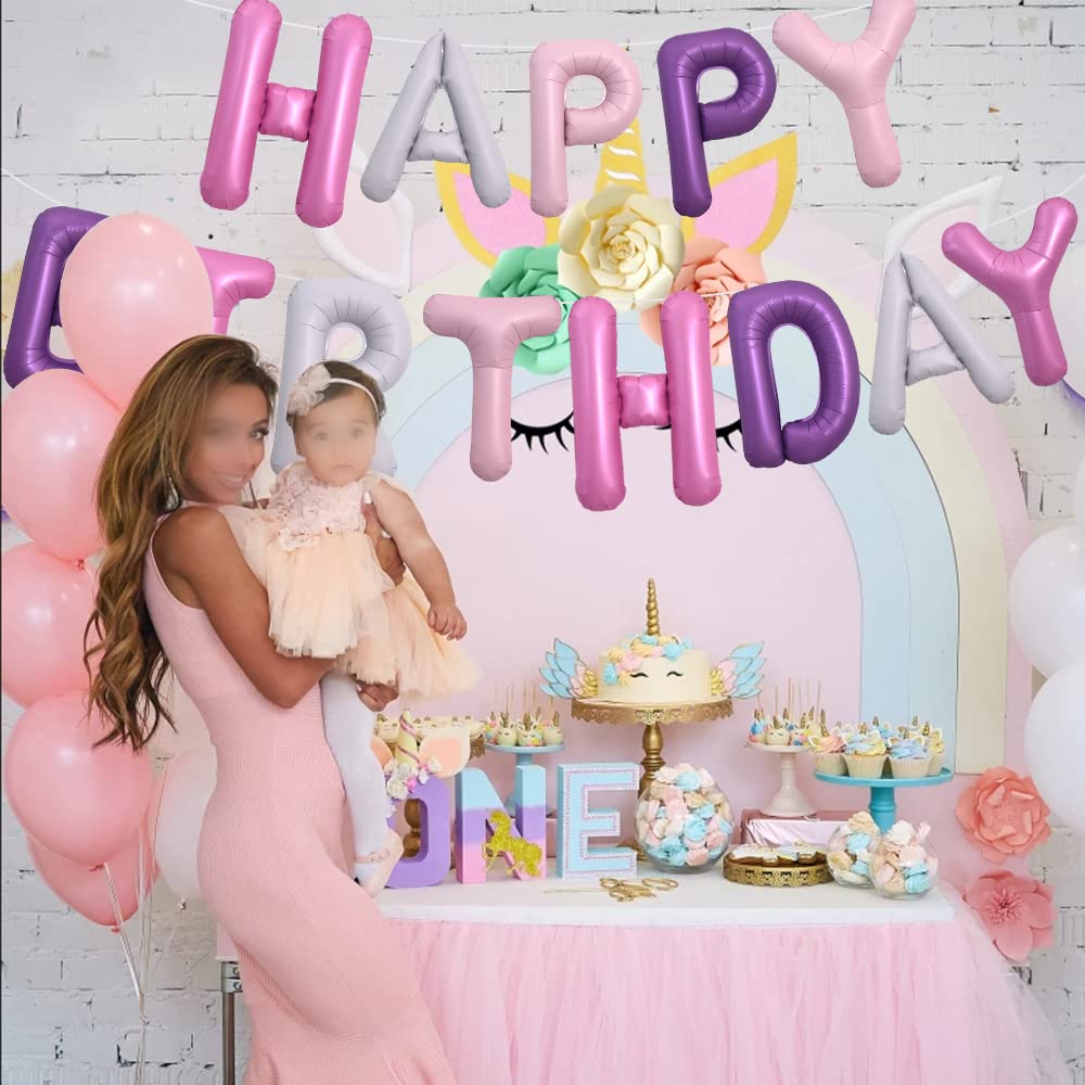 TONIFUL Happy Birthday Balloons Banner — 16-Inch Foil Letter Balloons with Straw & Ribbon (Pink Purple)