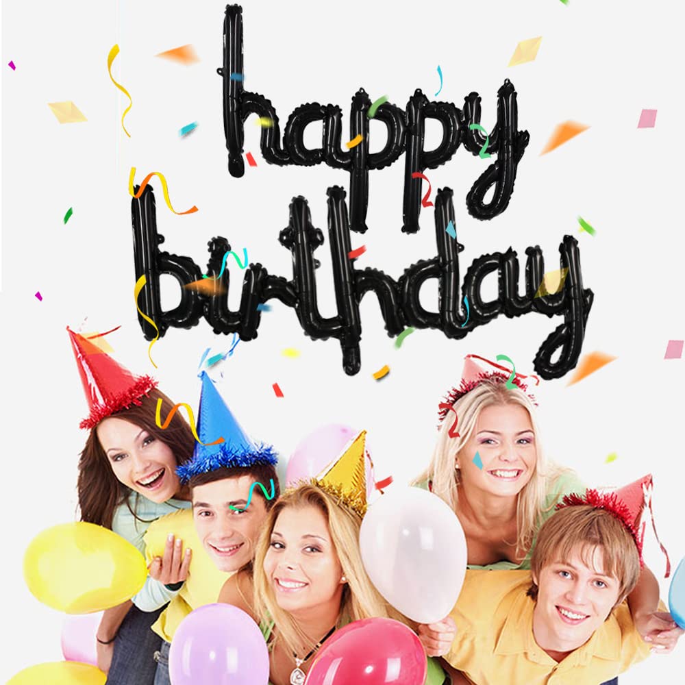 TONIFUL Black Happy Birthday Balloons Banner – 16in Foil Script Sign, Reusable Party Decor
