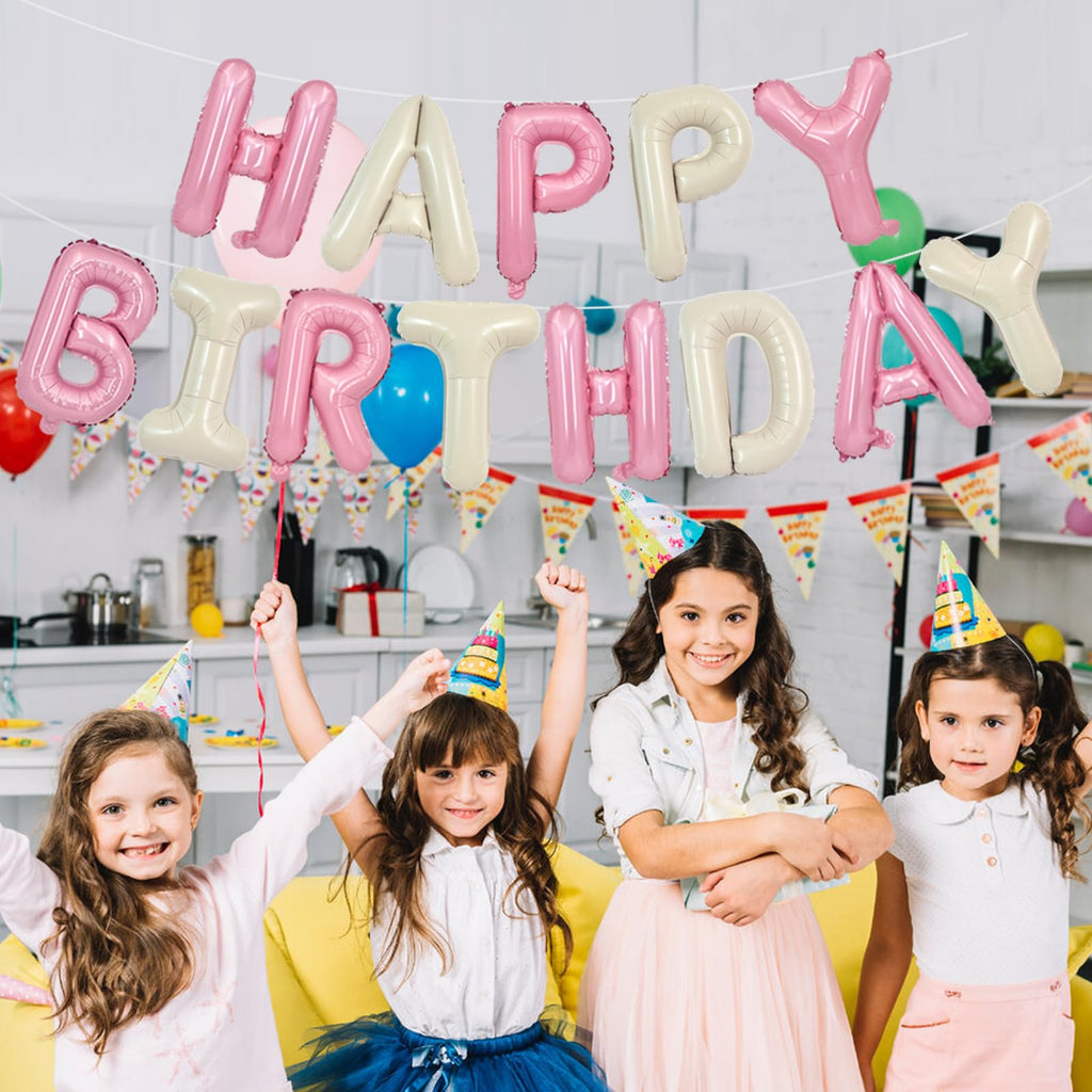 TONIFUL Happy Birthday Foil Letter Balloons 16-Inch with Ribbon & Straw – Reusable Birthday Banner (Cream White Pink)