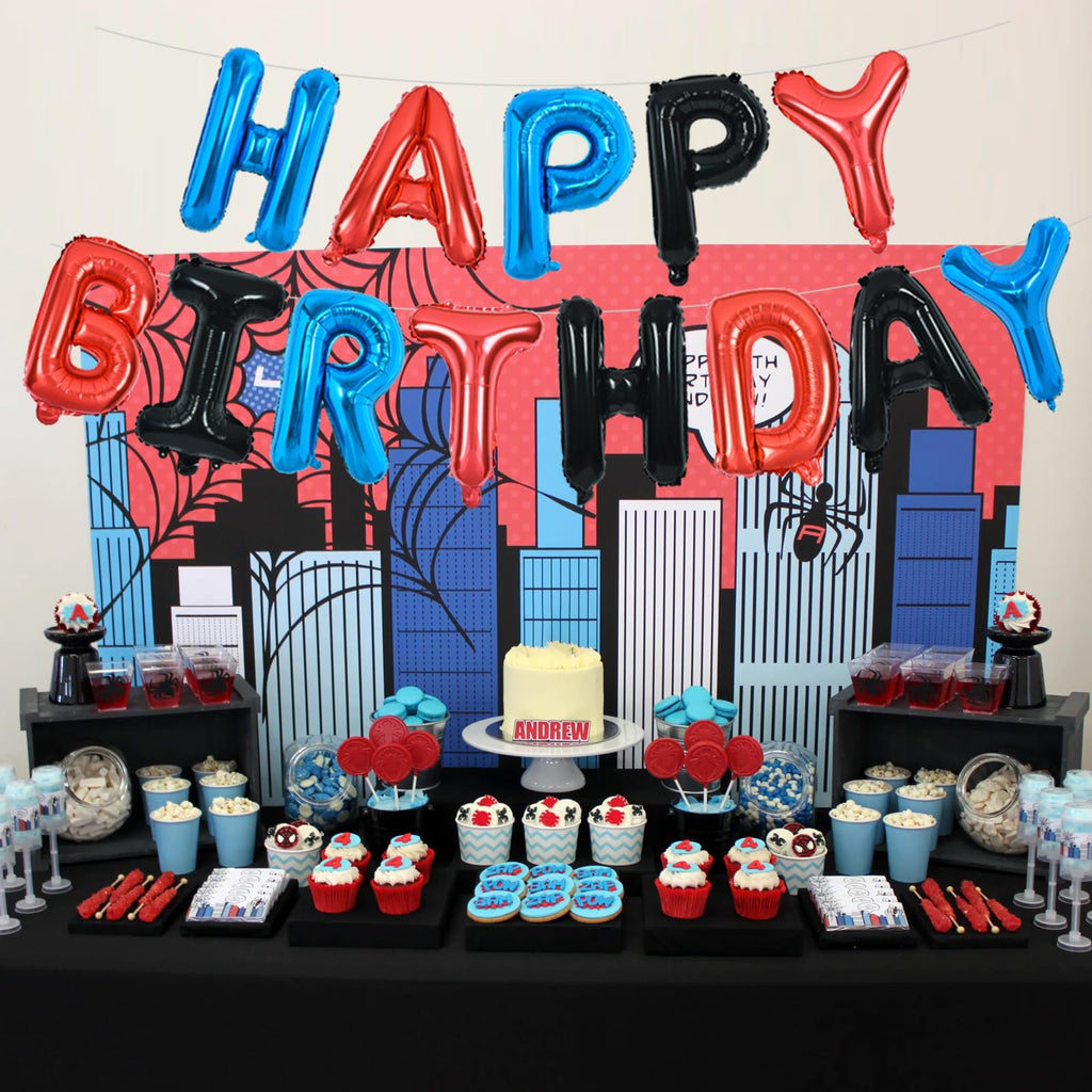 TONIFUL Happy Birthday Balloons with Ribbon Straw – 16-Inch Foil Letter Banner (Blue/Red/Black)