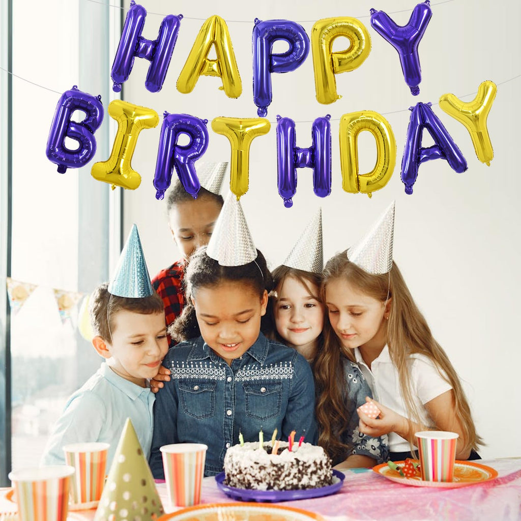 TONIFUL Happy Birthday Balloons with Ribbon Straw – 16-Inch Purple Gold Mylar Letter Banner