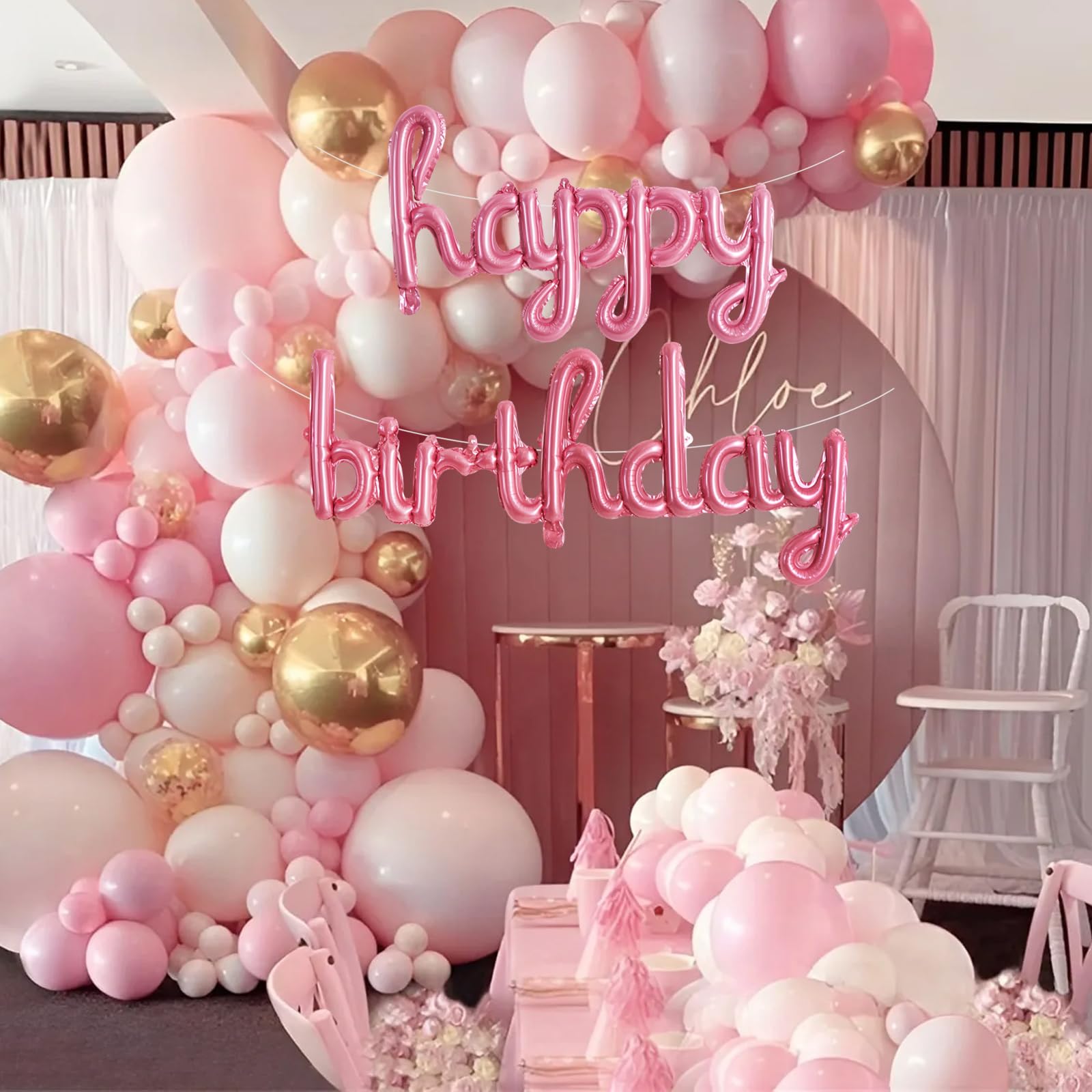 TONIFUL Pink Happy Birthday Balloons – 16-Inch Foil Script Banner, Reusable Party Decor