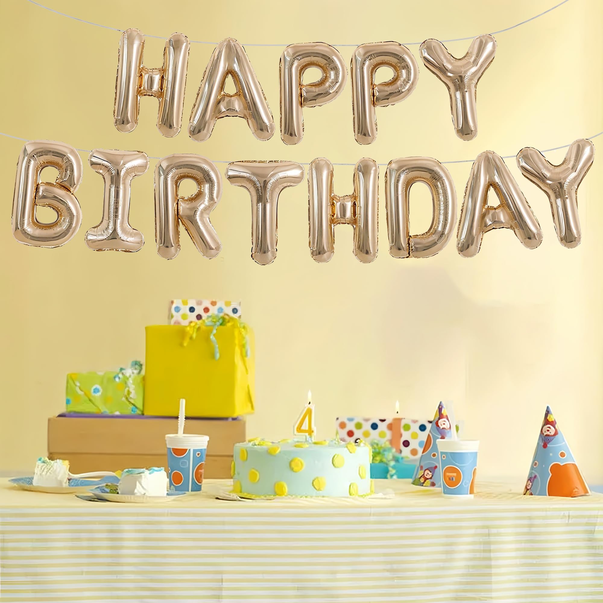 TONIFUL Happy Birthday Balloons Banner 16 Inch Champagne Gold Foil Letters – Reusable Party Decor