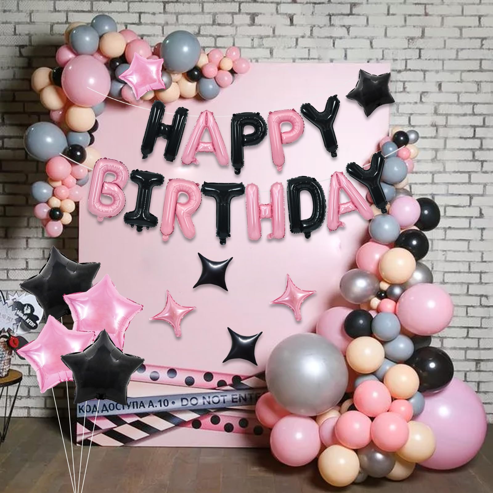 TONIFUL 35Pcs Black Pink Happy Birthday Decorations Kit – 16 Inch Foil Letter Banner & Star Balloons