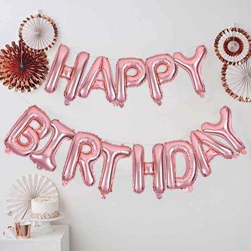 TONIFUL Rose Gold Happy Birthday Banner – 16-Inch Foil Letter Balloons